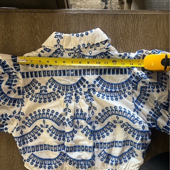 Main Strip Women's White and Blue Embroidered Eyelet button down Romper size L - Picture 11 of 11